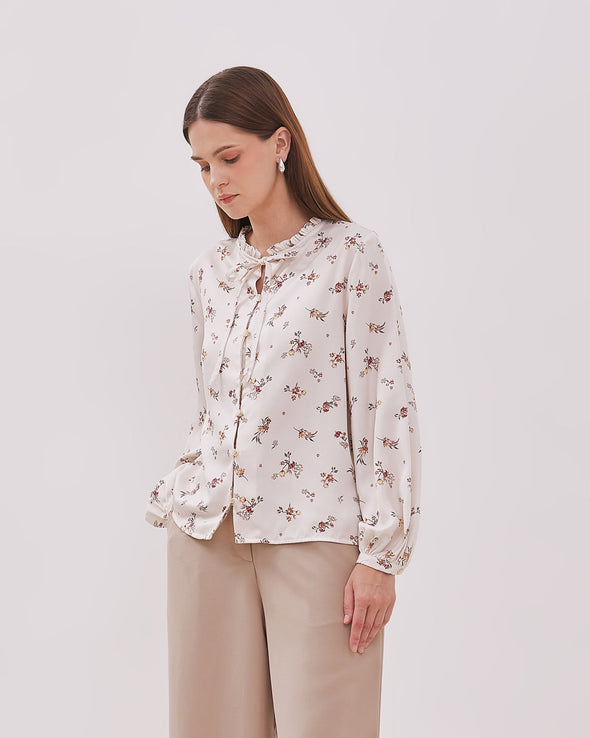 Women's Off-White Floral Motif Long Sleeve Blouse