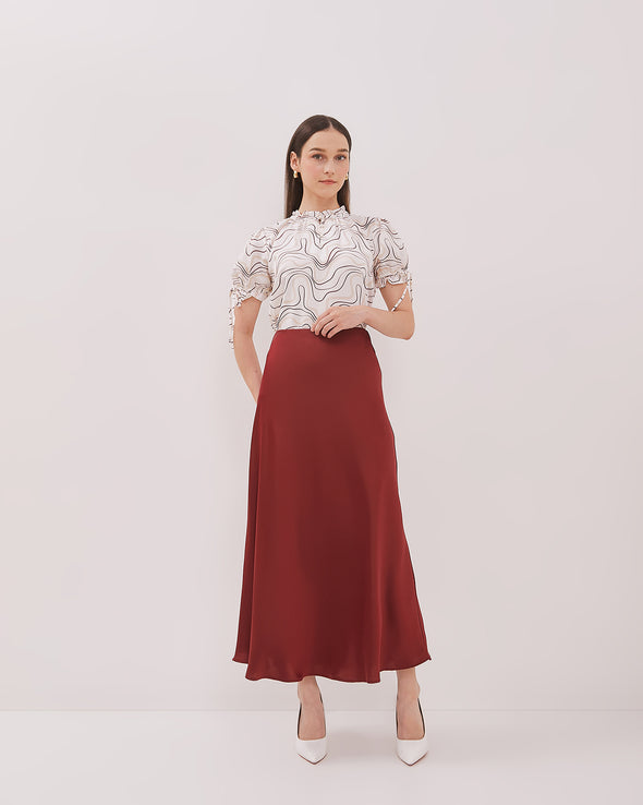 Women's Red Satin Midi Skirt