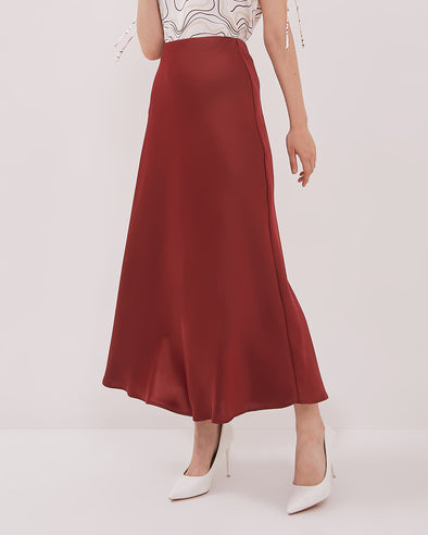 Women's Red Satin Midi Skirt