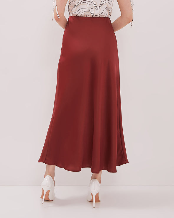 Women's Red Satin Midi Skirt