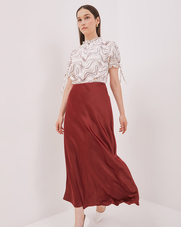 Women's Red Satin Midi Skirt