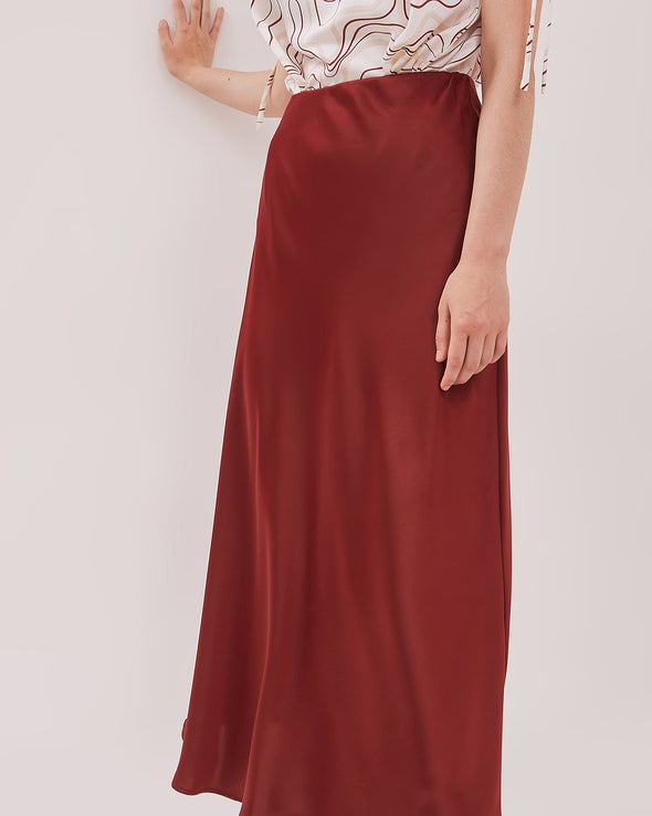 Women's Red Satin Midi Skirt