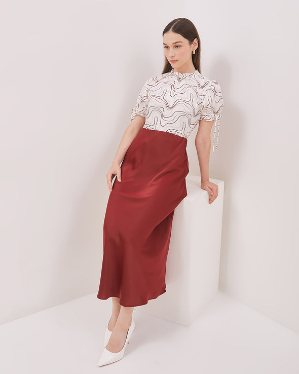 Women's Red Satin Midi Skirt