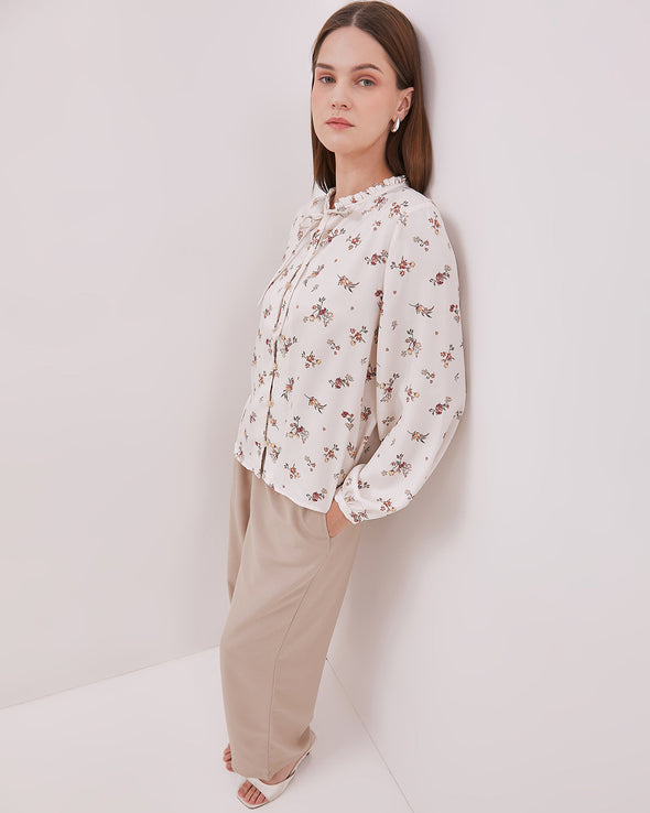 Women's Off-White Floral Motif Long Sleeve Blouse