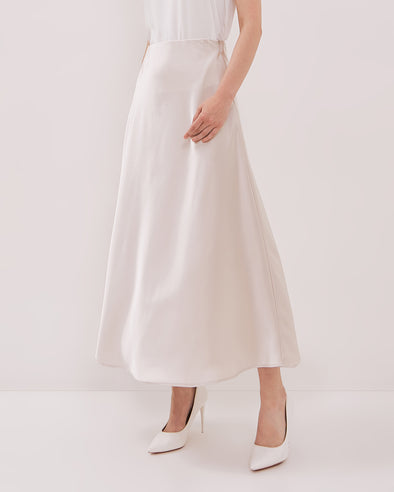 Women's Cream Satin Midi Skirt