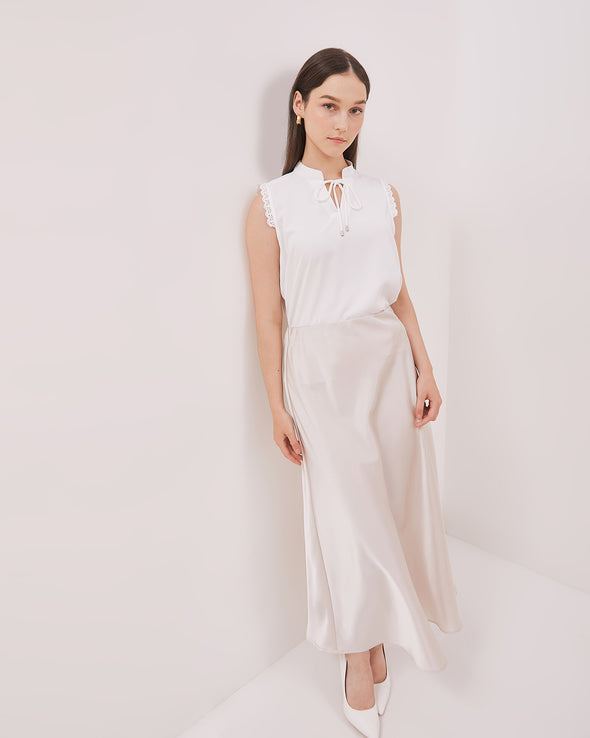 Women's Cream Satin Midi Skirt