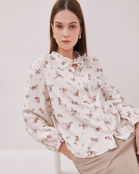 Women's Off-White Floral Motif Long Sleeve Blouse
