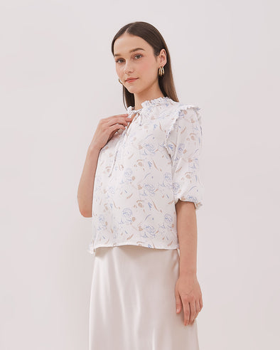 Women's White Long Blouse with Ruffle Collar