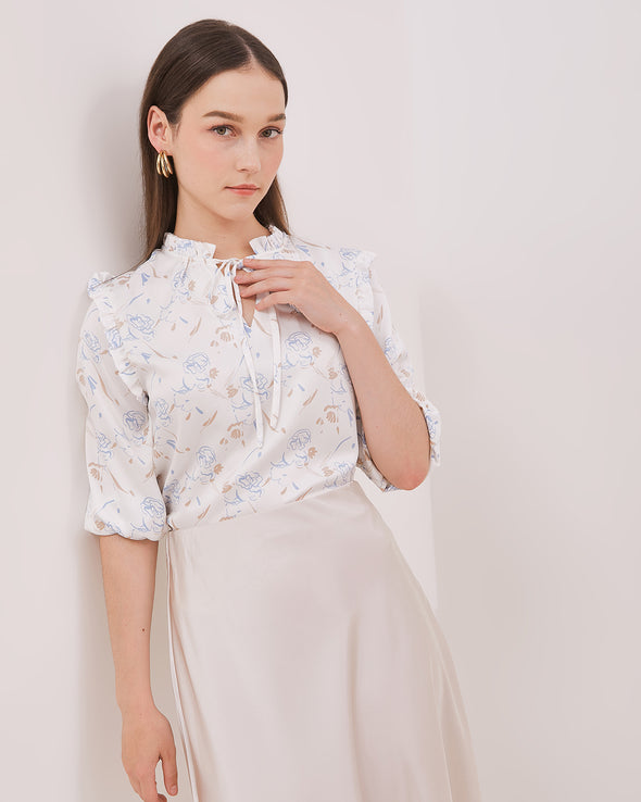 Women's White Long Blouse with Ruffle Collar