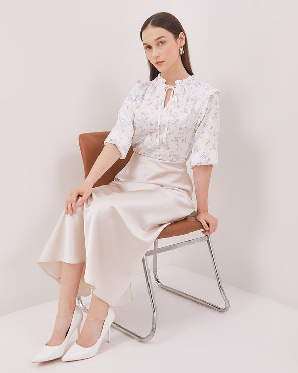 Women's White Long Blouse with Ruffle Collar