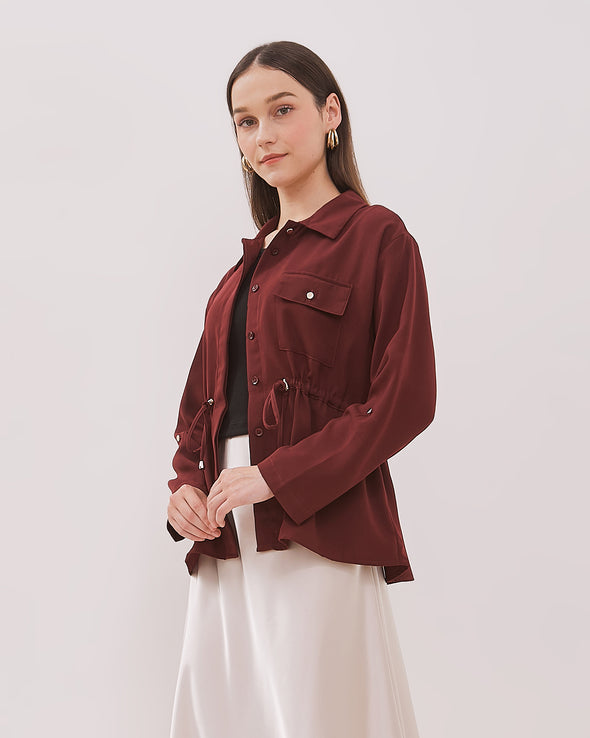 Women's Maroon Drawstring Long Sleeve Shirt