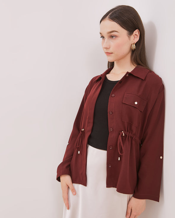 Women's Maroon Drawstring Long Sleeve Shirt