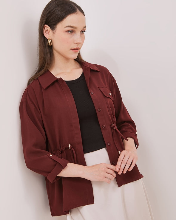Women's Maroon Drawstring Long Sleeve Shirt