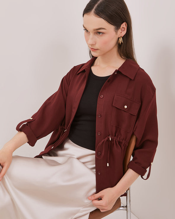 Women's Maroon Drawstring Long Sleeve Shirt