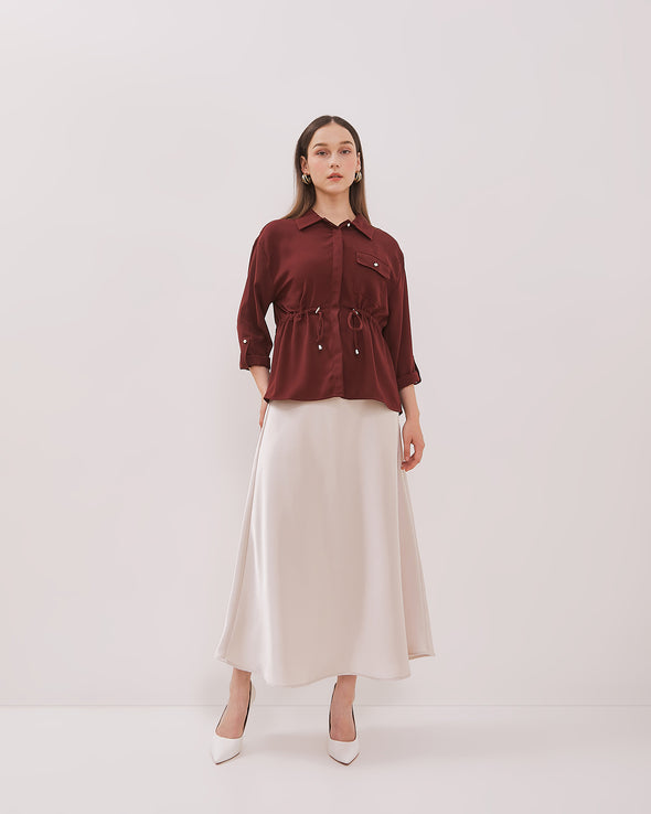 Women's Maroon Drawstring Long Sleeve Shirt