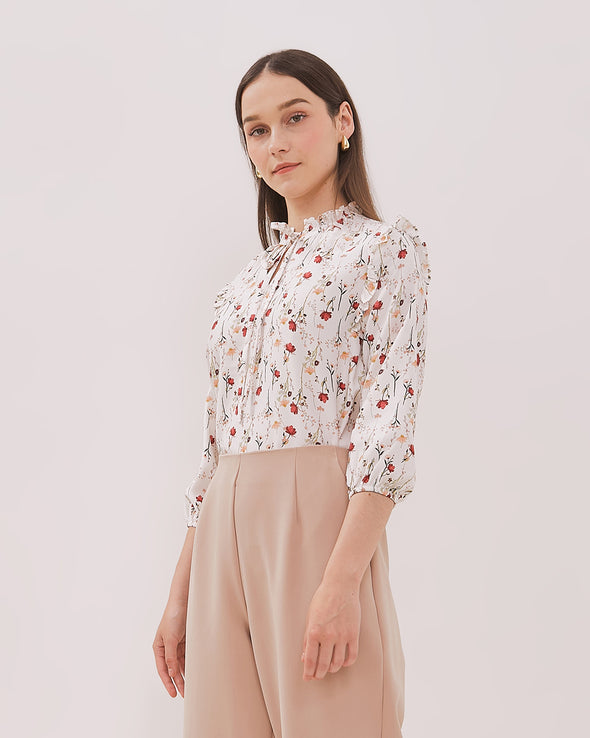 Women's White Floral Long Sleeve Blouse
