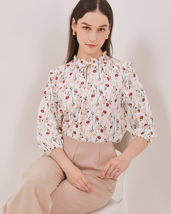 Women's White Floral Long Sleeve Blouse