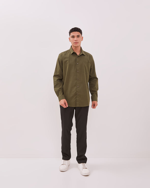 Men's Olive Green Long Sleeve Linen Shirt