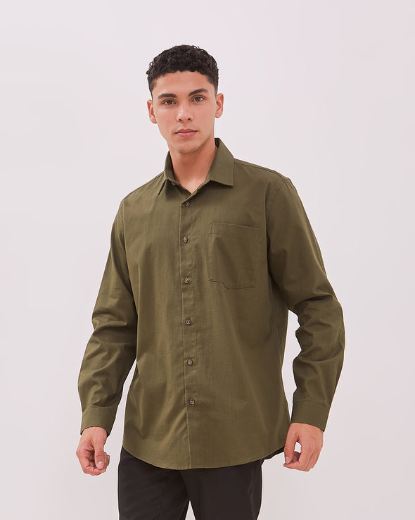 Men's Olive Green Long Sleeve Linen Shirt