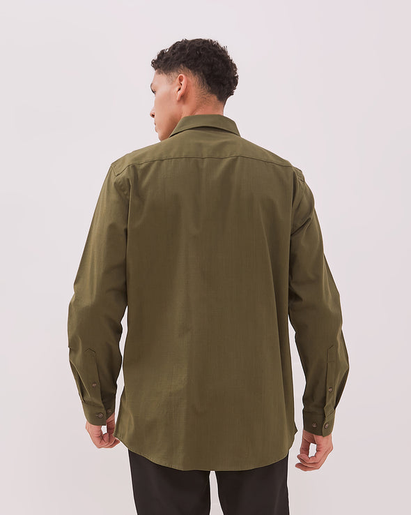Men's Olive Green Long Sleeve Linen Shirt