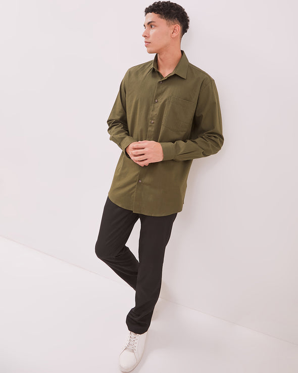 Men's Olive Green Long Sleeve Linen Shirt