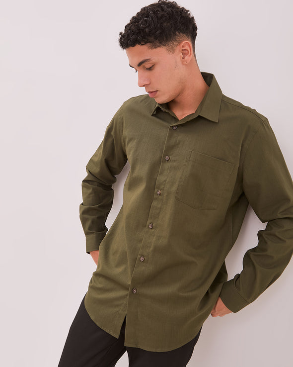 Men's Olive Green Long Sleeve Linen Shirt