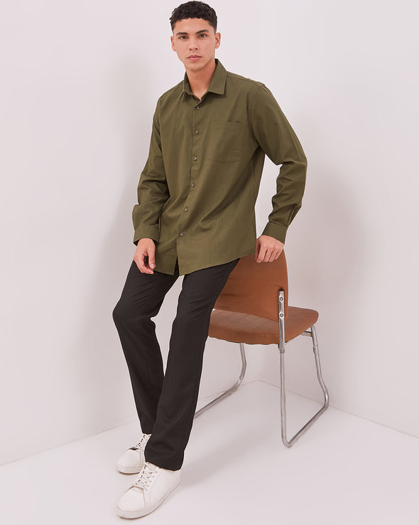 Men's Olive Green Long Sleeve Linen Shirt