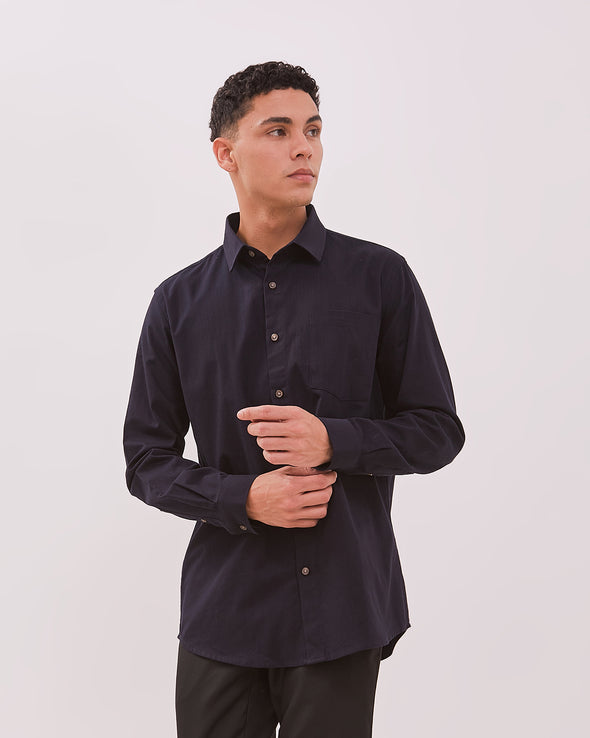 Men's Navy Blue Long Sleeve Linen Shirt