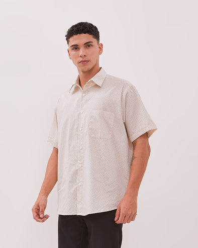 Men's Cream Print Short Sleeve Shirt