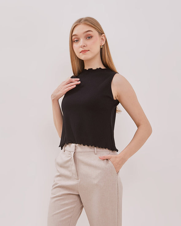 Women's White Ruffle Neck Black Tank Top