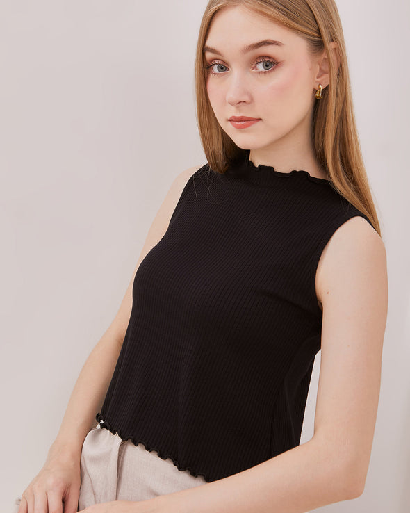 Women's White Ruffle Neck Black Tank Top