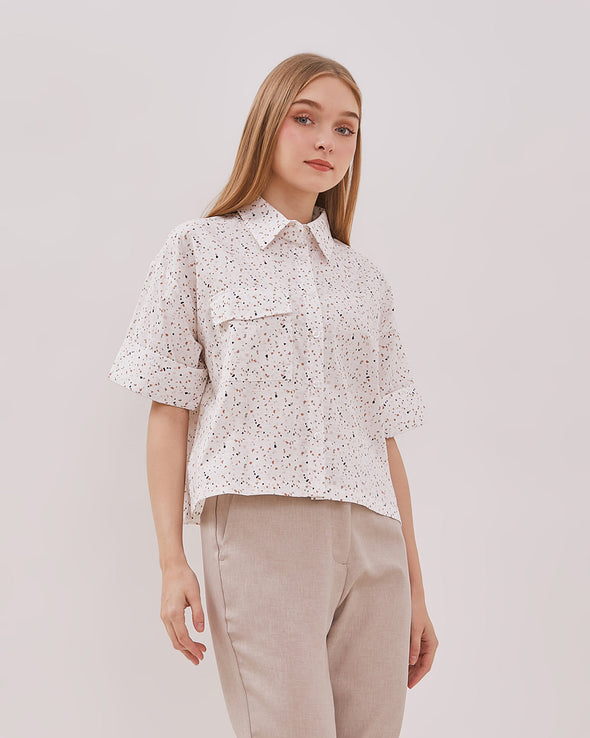 Women's Printed White Short Sleeve Shirt