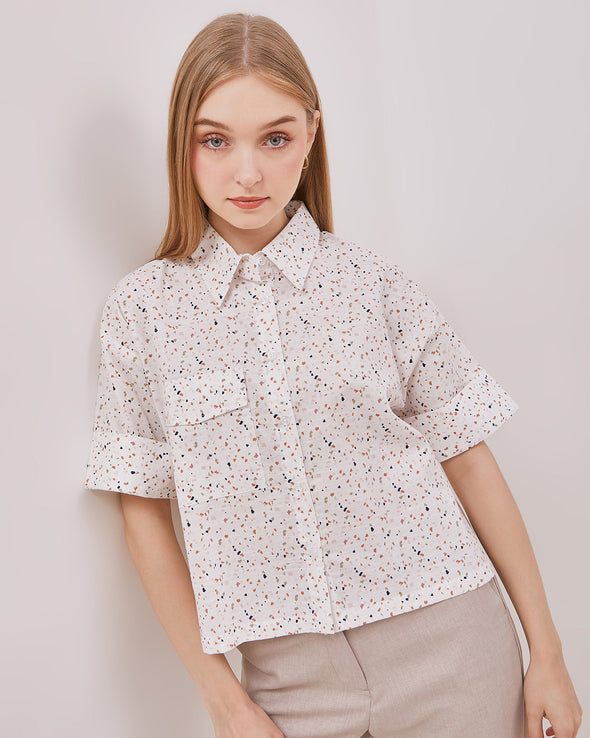 Women's Printed White Short Sleeve Shirt