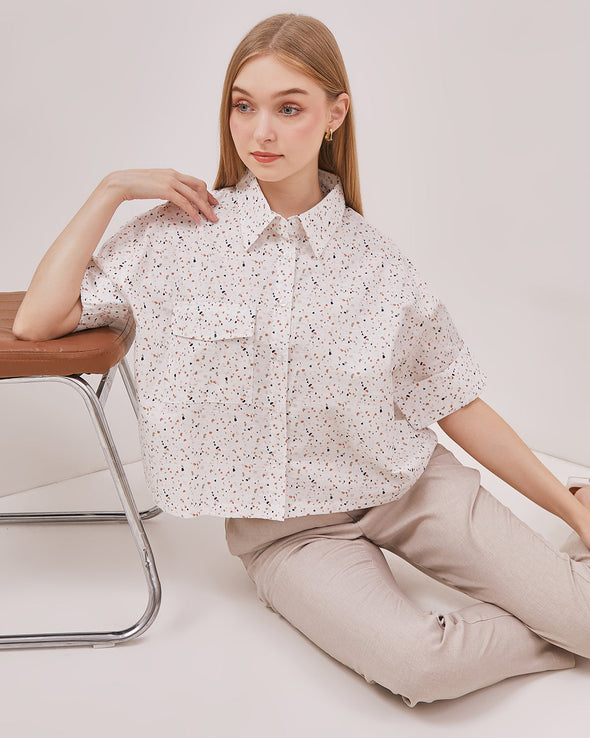 Women's Printed White Short Sleeve Shirt