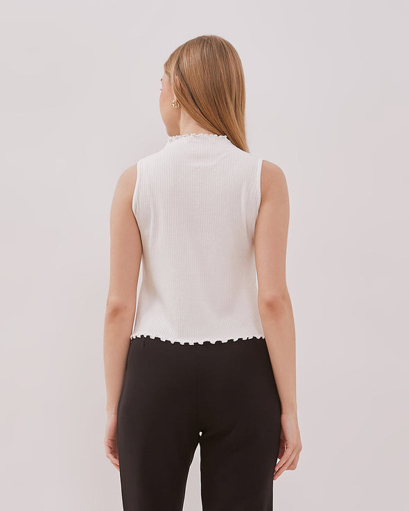 Women's Off-White Ruffle Neck Tank Top