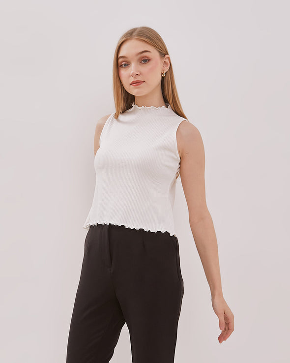 Women's Off-White Ruffle Neck Tank Top