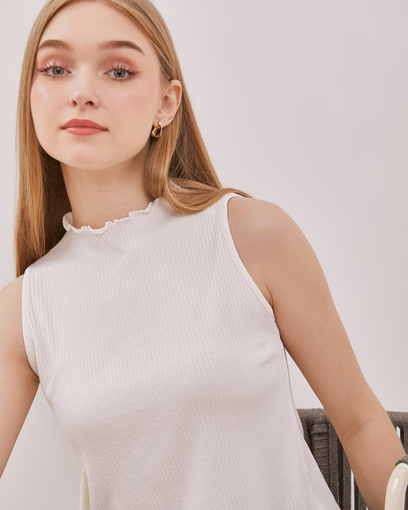 Women's Off-White Ruffle Neck Tank Top