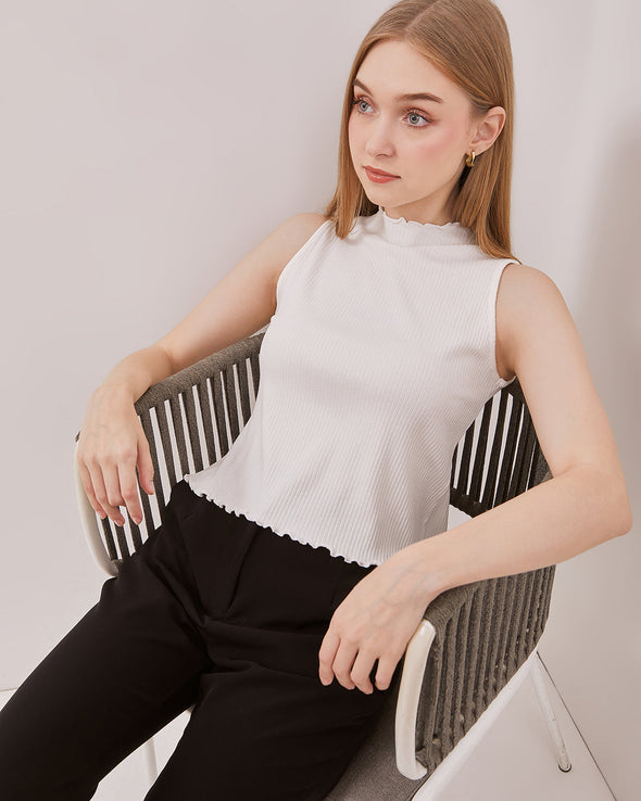 Women's Off-White Ruffle Neck Tank Top