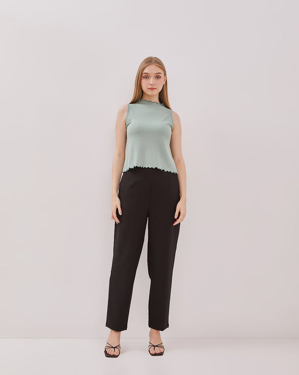 Women's White Ruffle Neck Green Tank Top