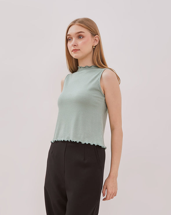 Women's White Ruffle Neck Green Tank Top