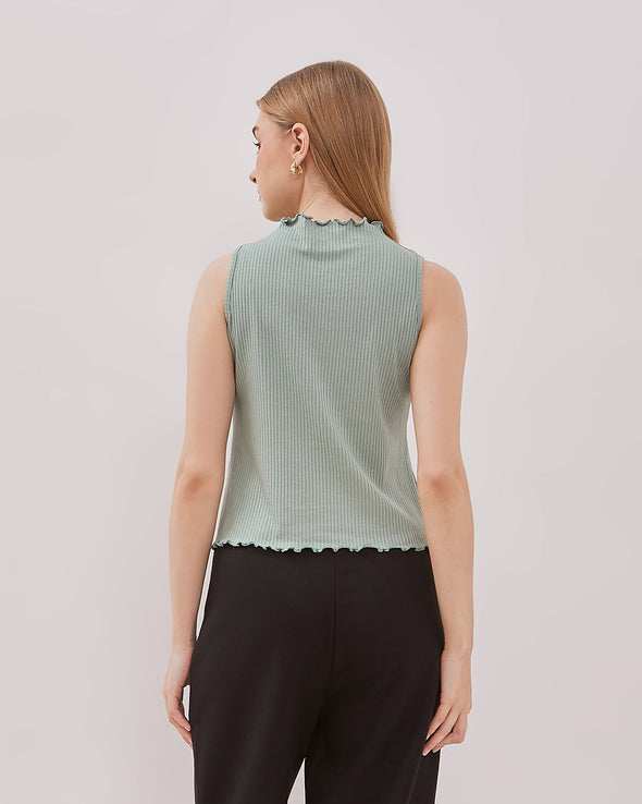 Women's White Ruffle Neck Green Tank Top