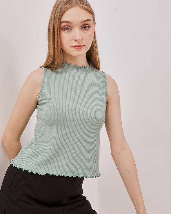 Women's White Ruffle Neck Green Tank Top
