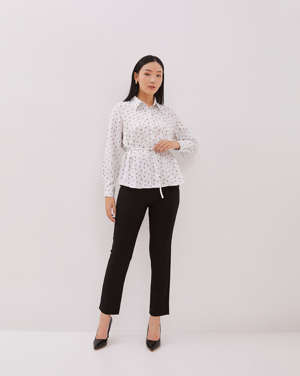 Women's White Patterned Long Sleeve Shirt