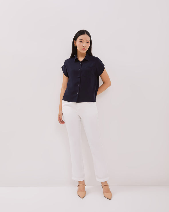 Navy Blue Short Sleeve Shirt For Women