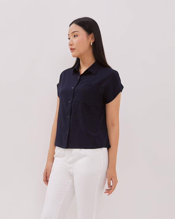 Navy Blue Short Sleeve Shirt For Women