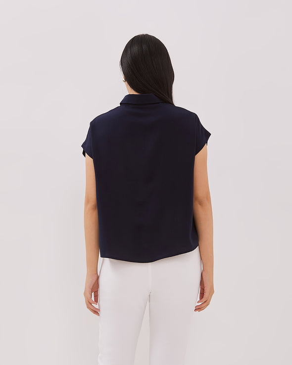 Navy Blue Short Sleeve Shirt For Women