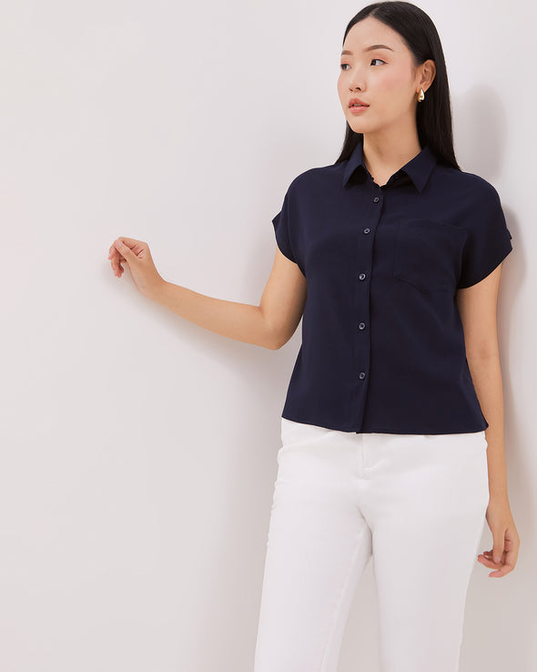 Navy Blue Short Sleeve Shirt For Women