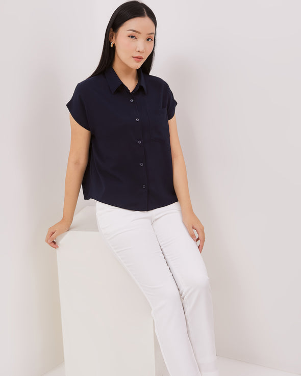 Navy Blue Short Sleeve Shirt For Women