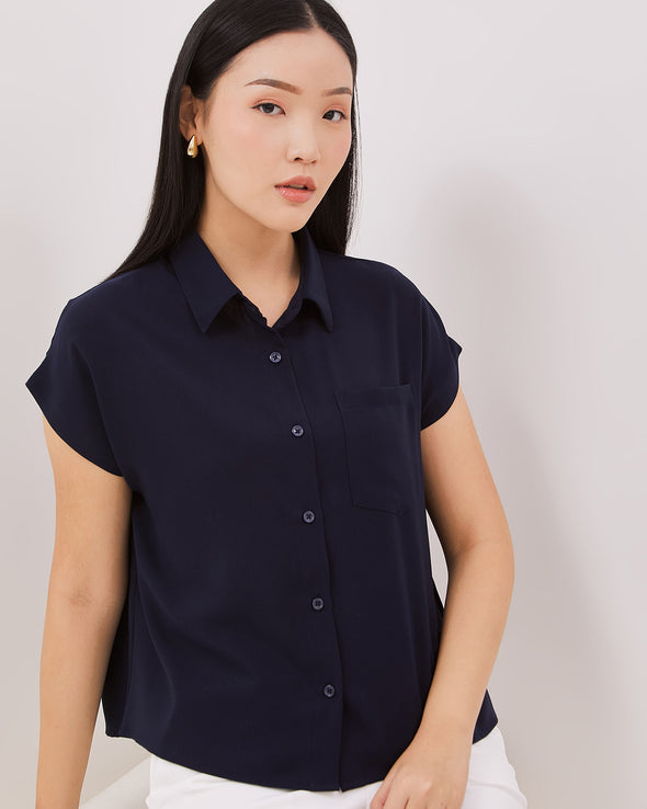 Navy Blue Short Sleeve Shirt For Women