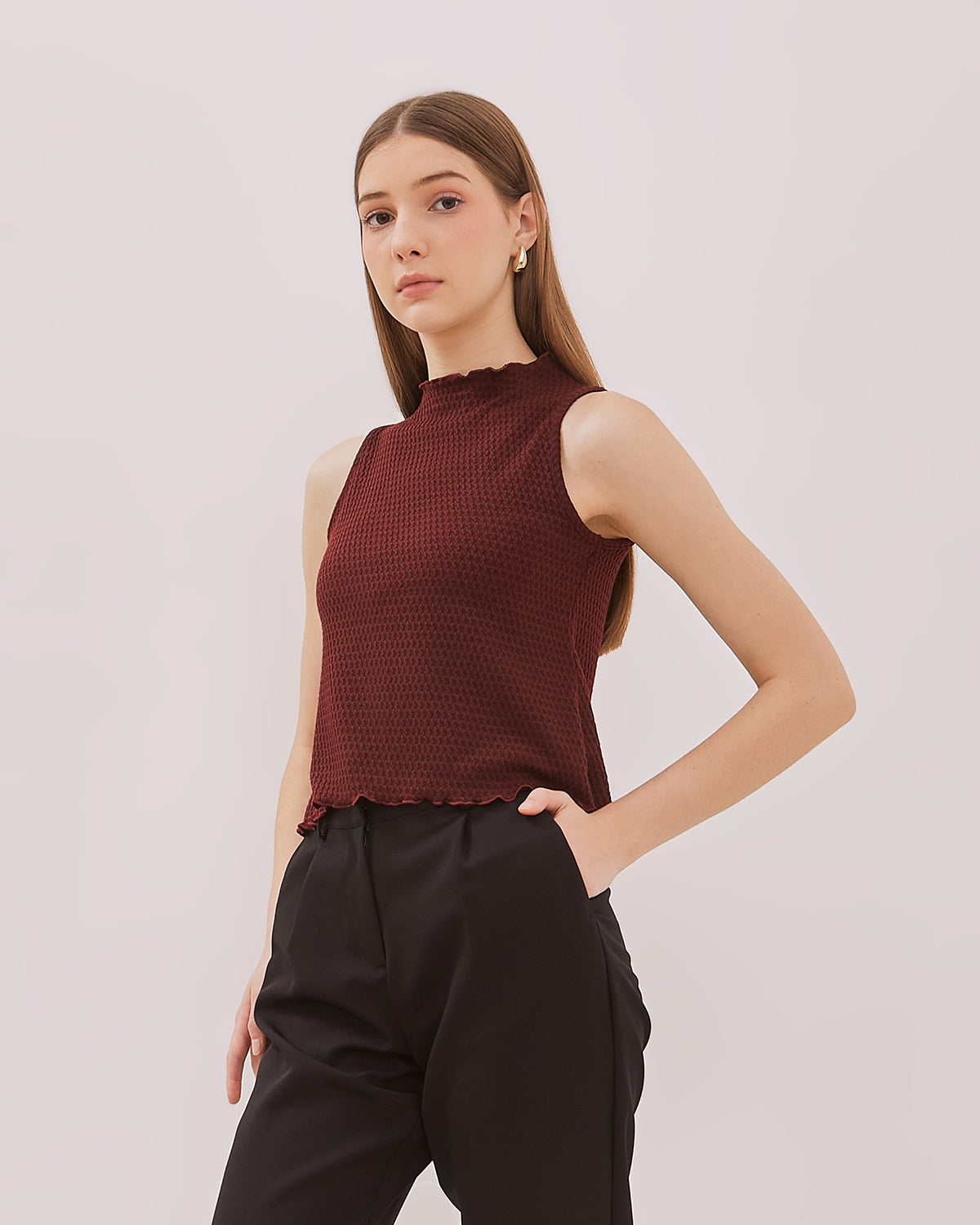 Mini Rib Maroon VALINO Maroon Red Rib Texture Sleeveless Top For Women